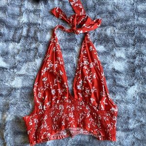 Shirred Open Back Floral Print Knot Halter Top